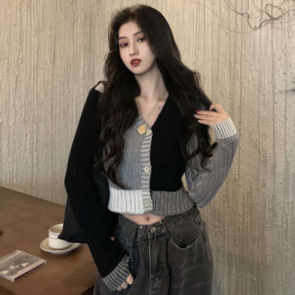 autumn fashion stitching sweater short slim fit long sleeve gentle style coat, White;black